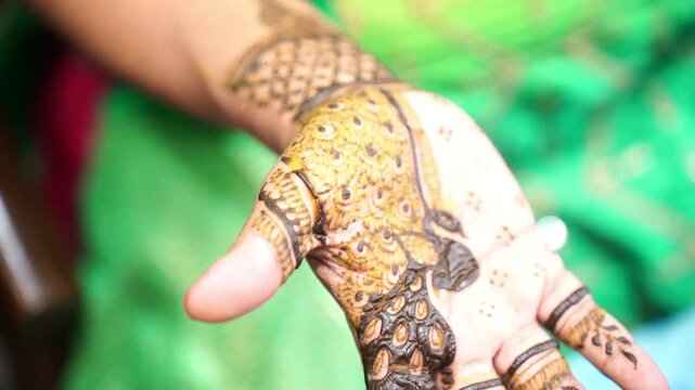 Mehendi art on a woman's hands, a traditional cultural ritual for weddings in South Asia.