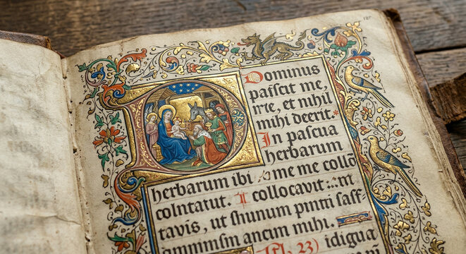 Ancient illuminated manuscript page with religious calligraphy on parchment