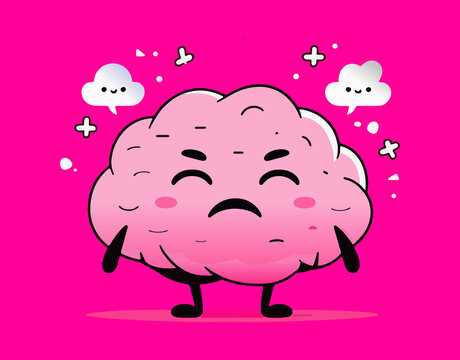 Vector cartoon illustration of cute stress overwork unhappy brain character on pink color background. Flat doodle style design of tired and burnout brain need rest
