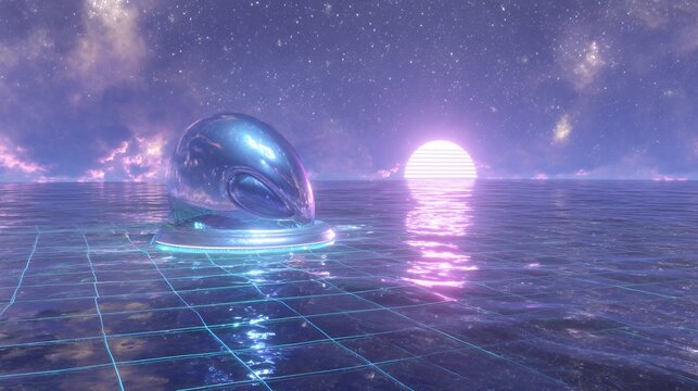 Glowing alien head emerges from neon ocean under starry sky