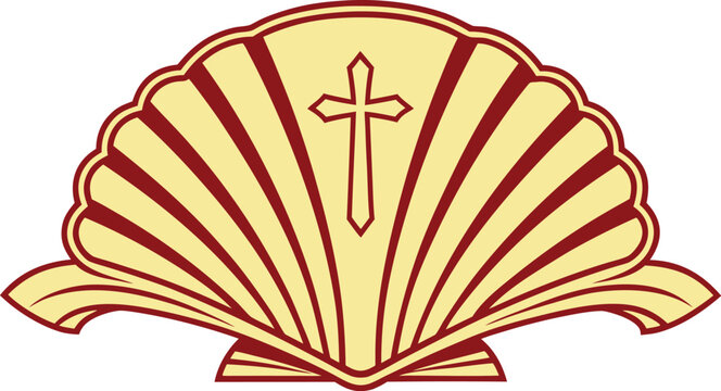 Golden scallop shell badge with red cross and yellow rays