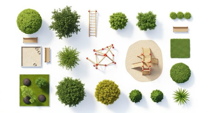Top view playground landscape design climbing structures benches sandbox trees outdoor illustration photo