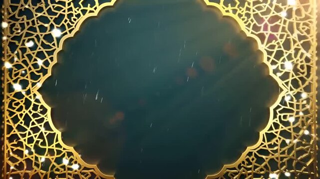 islamic golden frame with ornamental pattern and glowing light particles