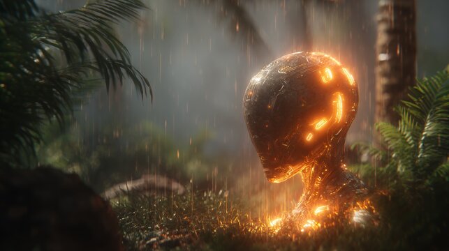 Glowing alien robot head in a rainy jungle environment