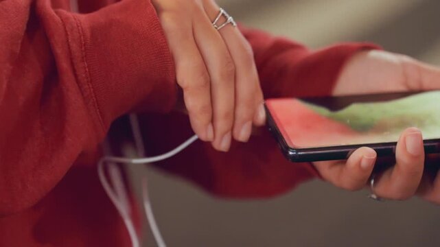 Closeup hands adjusting smartphone playlist red hoodie, earbuds plugged in, gentle swipe across screen, blurred crossing and soft lights in background, rings and relaxed posture, intimate evening