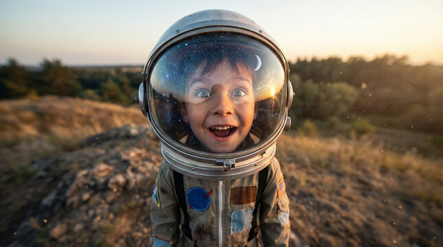 Excited child wearing an astronaut helmet in a rocky landscape with golden sunset, capturing wonder and adventure in a playful outdoor setting