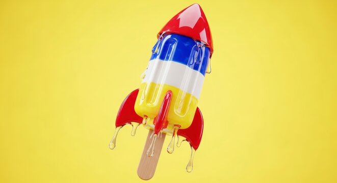 Colorful toy rocket model flying high.