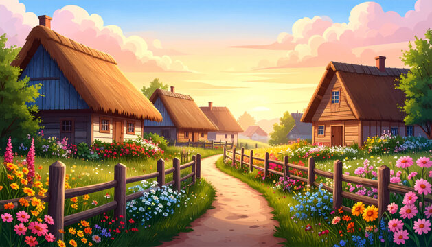 Rustic cottages beside flowered lane under golden evening. Pastoral hamlet glowing below peach clouds near bright horizon. Country pathway winding amid blossoms around wooden homes