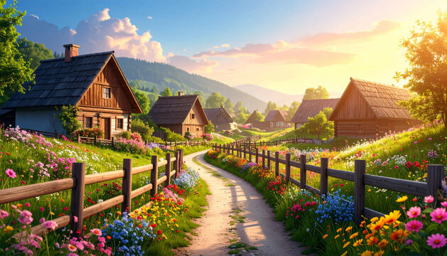 Woodland hamlet framing narrow trail between vivid gardens. Rustic dwellings overlooking bright fields beneath luminous skies. Highland settlement filled with colorful petals along timber fences