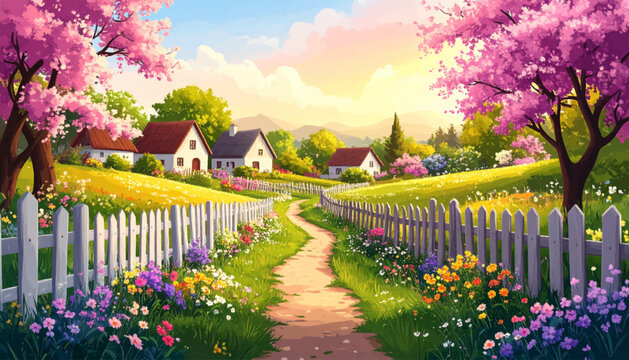 Blooming hamlet bordered by pickets beneath rosy woodland crowns. Quaint homes nestled among bright lawns beside curved footpath. Fresh spring scenery glowing beyond fences amid cottage gardens
