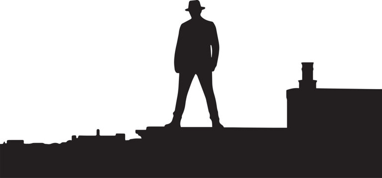 Silhouette of a man standing on a ledge against a white background