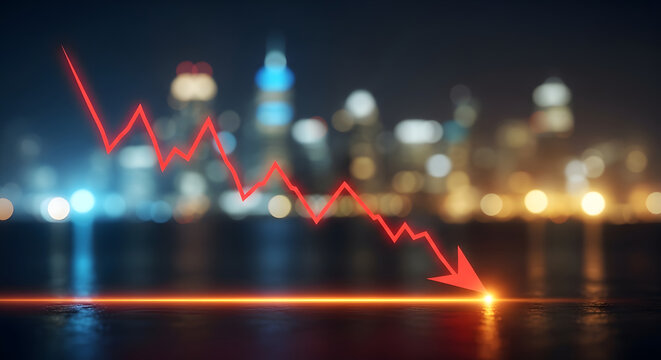 Red downward trend graph arrow over blurred city background representing economic decline and financial crisis