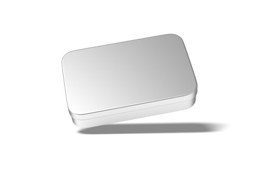 Silver rectangular tin container floating in mid-air with tilted angle isolated, 3D Illustration
