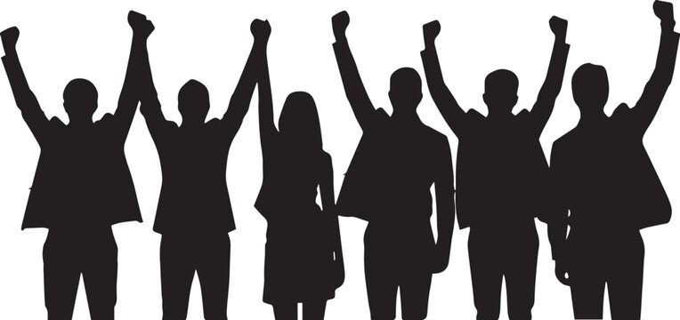 Silhouette of diverse group of people with raised fists in unison