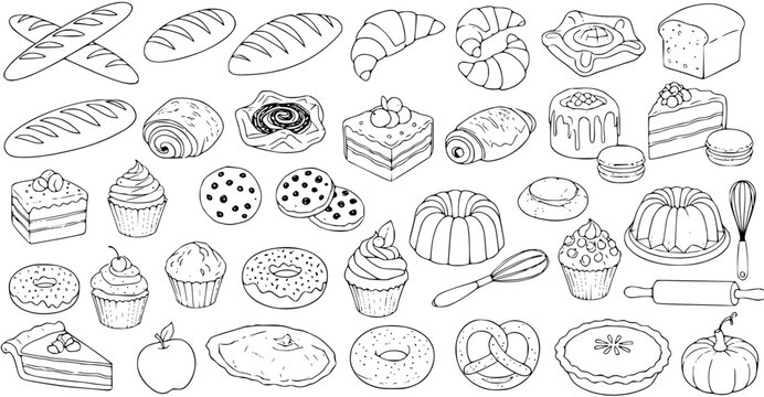 Bakery Food Black and White Line Art Doodle Collection. Pastries, Bread, Desserts, Cakes,  Baking Tools Vector Outline Illustration Set