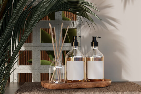 Luxury skincare and home fragrance mockup with pump bottles and reed diffuser on wooden tray. Tropical leaves, textured wall and natural light create a spa scene for branding product. 3D rendering