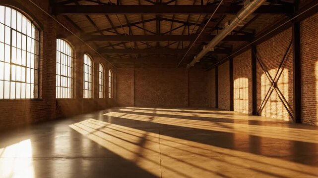 Empty industrial loft space with large arched windows casting long shadows on brick walls and concrete floor, ambient sunlight atmosphere