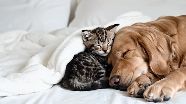 Adorable Kitten and Golden Retriever Dog Sleeping Together on Bed.