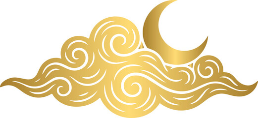 Fototapeta premium Golden dreamy hand-drawn cloud and crescent moon with stars