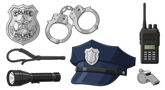 Cartoon Illustration Set of Police Officer Equipment and Accessories.