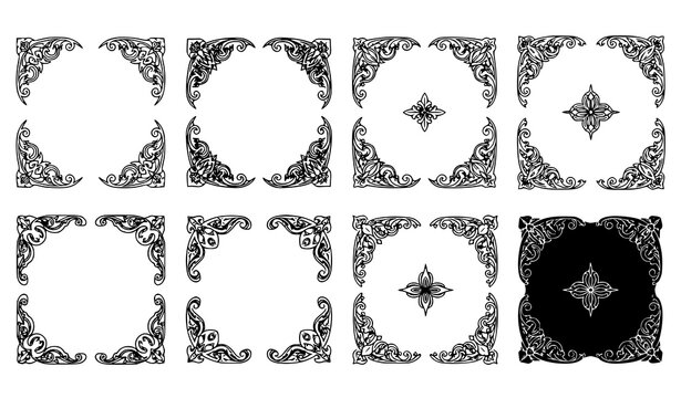 Elegant ornate decorative corner elements for design and invitations black and white graphic