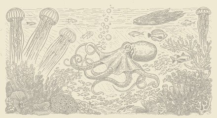 Obraz premium Vintage engraving style illustration of an octopus, jellyfish, and fish in a vibrant coral reef ecosystem, deep underwater ocean life.
