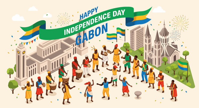 Isometric illustration of Gabon Independence Day celebration with traditional dancers and drummers.