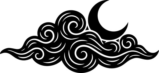 Fototapeta premium Dreamy hand-drawn cloud and crescent moon with stars