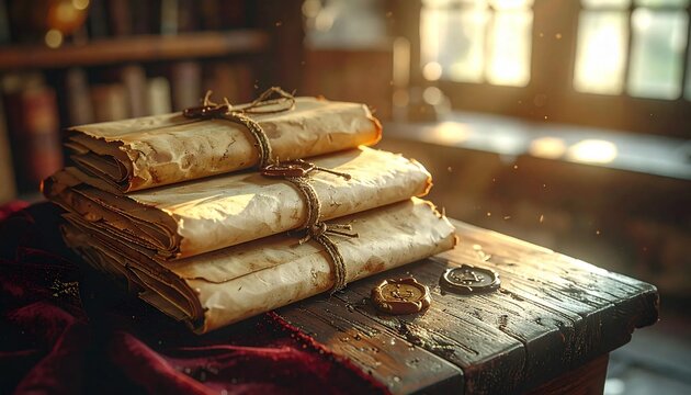 Ancient Scrolls and Manuscripts on Wooden Table in a Warm, Sunlit Room.