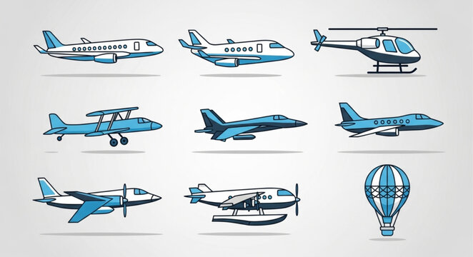 Collection of various aircraft and hot air balloon illustrations.