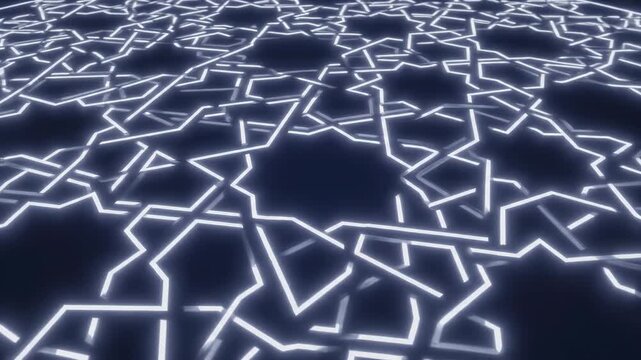 Intricate luminous geometric pattern with glowing white lines on dark background, complex fractal connection, digital network abstract
