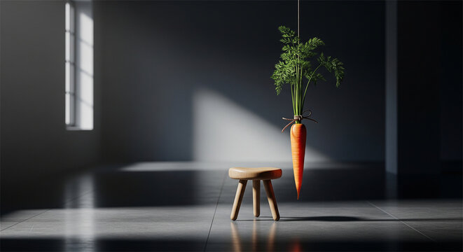 Metaphorical carrot on a stick hanging in dark room, incentive and motivation concept, orange carrot dangling above wooden stool in moody interior