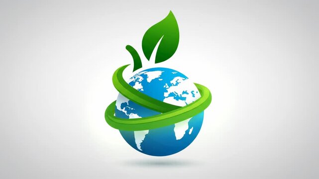Green leaf sprouting from globe, representing growth, ecology, and environmental protection concepts