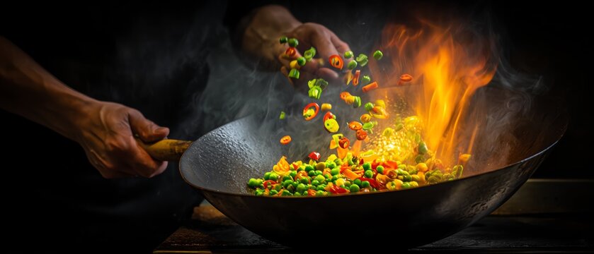 Chef cooking vibrant stir-fry with flames.