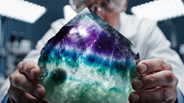 Scientist holding vibrant fluorite crystal in a laboratory setting