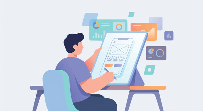 Man sitting at desk working on computer with graphics and charts floating around him