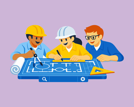 Construction Team Planning Blueprint &ndash; Engineers and Architects Working on Building Design Illustration