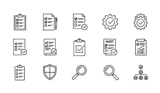 Compliance stroke icon set vector with checklist clipboard document audit and review outline collection