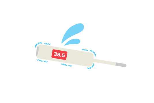 汗と震えのある高熱の電子体温計のデフォルメイラスト