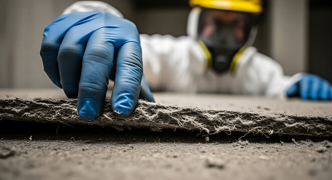 asbestos hazard removal safety inspection a worker in a full protective suit and blue gloves carefully inspects dangerous fibrous building material