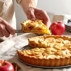 A person serving a slice of apple pie