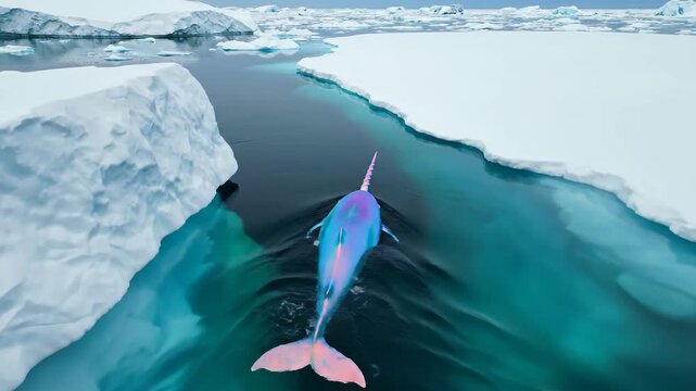 A narwhal swims beneath icebergs in the glacial ocean