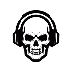 Obraz premium Black and white graphic illustration of an angry skull wearing headphones, depicting a cool and edgy music or gaming theme.