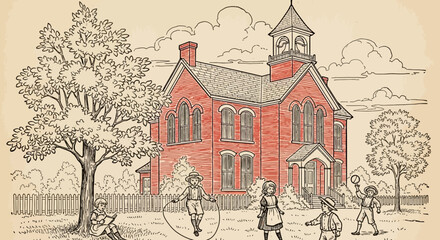 Naklejka premium Vintage Schoolhouse Illustration with Children Playing Outdoors, Red Brick Building and Schoolyard Activities, Historical Education Scene