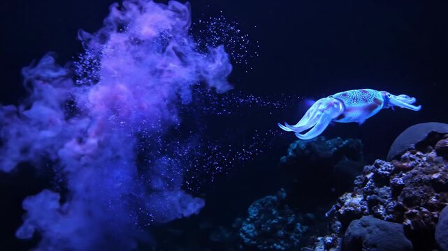 Squid Swimming in Deep Underwater Habitat with Bubbles