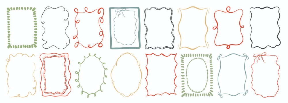 hand drawn trendy frames posters in terracotta color: dotted border, swirling lines, organic shapes and decorative outlines for cards, social media and branding.