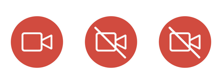 Camera no video outline icon, red circle webcam recording restriction symbol vector illustration isolated on white background, clean minimal design.