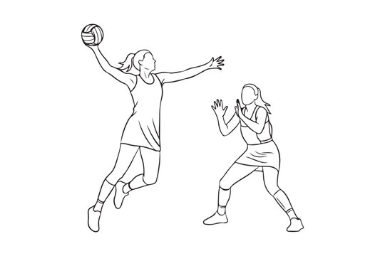 Professional women playing netball match continuous line drawing.