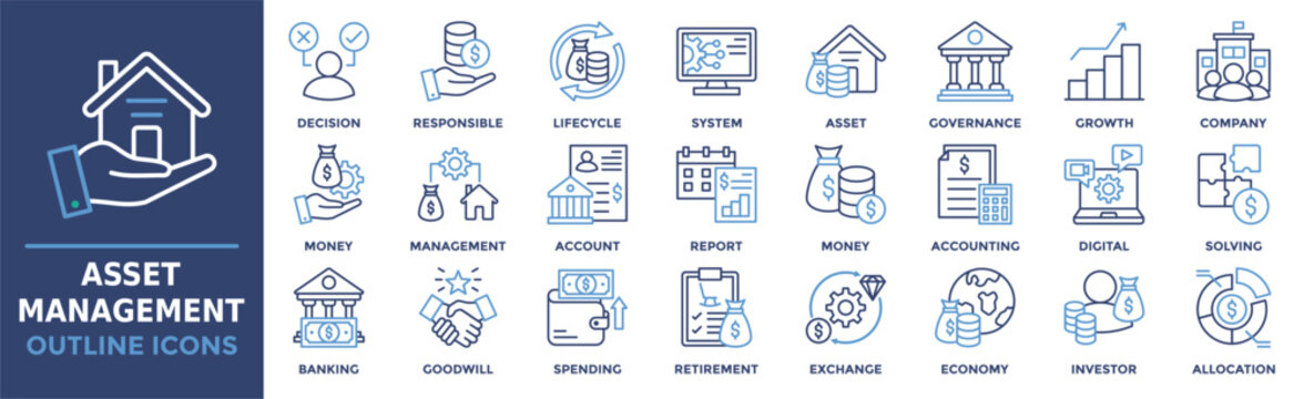 Asset Management icon collection set. Containing decision, responsible, lifecycle, system, asset, governance, growth and more. Outline vector icons collection