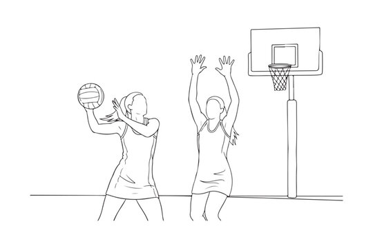 Professional women playing netball match continuous line drawing.